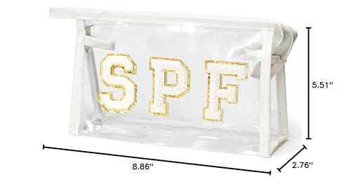 AsodSway Preppy Patch SPF Cosmetic Bag, Christmas Gift SPF Varsity Letter Clear Toiletry Bag Waterproof PVC Cosmetic Case Multi-Function Zippered Pouch Makeup Bag for Beach Pool, Pencil Pouch(White)