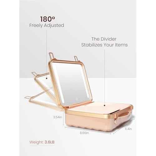ROWNYEON Light Up Travel Makeup Case With Mirror - Portable Makeup Organizer and Train Case for Makeup Artists and Girls (Pink)