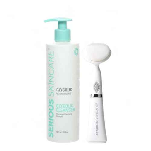 Serious Skincare Glycolic Acid Face Wash Cleanser 12 oz. + Ultrasonic Facial Cleansing Brush Tool for Women & Men, Gentle, Creamy, Oil Free + Skin Retexturizing Formula, Makeup +Blackhead Remover