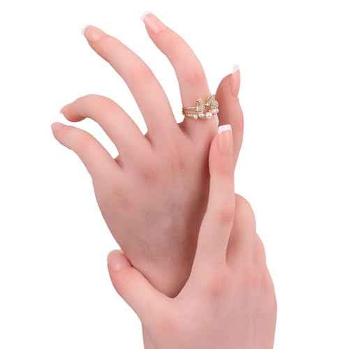 Silicone Realistic Female Hand Acrylic Nails Pratice Training For Nail Art Showing Jewelry Life Size Female Model Flexible Bendable (Pair Hand-Without Skeleton, Nude)