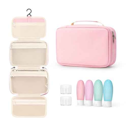 Toiletry bag for women with travel size containers set, hanging toiletry bag for full Size toiletries, Skincare, Shampoo, Makeup Cosmetic Bag Travel Organizer, Water-resistant toiletry bag