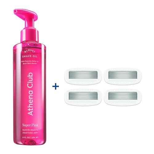 Athena Club Women's Shave Kit, Glossy Shave Oil, Super Pink + 4 Razor Blade Refills