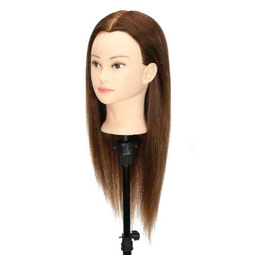 Female 100% Human Hair Mannequin Head Hair Styling Training Head Cosmetology Manikin Head Doll Head for Hairdresser with Free Clamp (brown) (18 Inch)