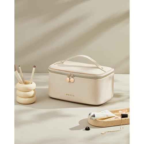 Prite Makeup Bag Portable Cosmetic Organizer with Brush Holder Waterproof Travel Toiletry Bag for Women with Handle and Divider (Beige)