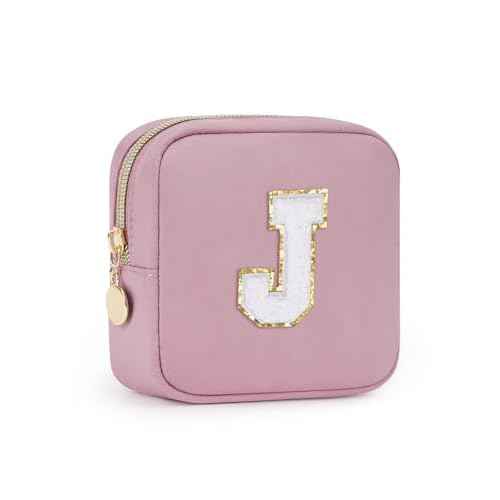 Wandering Nature Personalized Mini Initial Makeup Bag with Glitter Chenille Letter Patch, Small Preppy Makeup Bag with Slip-In Pockets, Ideal Gift for Valentine's Day Mother's Day (Patent Pending)