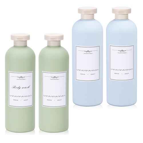Travel Shampoo Bottle, Empty Plastic Squeeze Bottles 13.5oz with Flip Cap, Lotion Container for Toiletries Travel Size Shampoo and Conditioner (2 pack blue, 2 pack green)