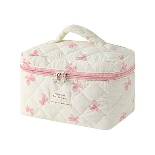 Large Quilted Makeup Bag for Women and Girls, Cute Coquette Floral Cotton Cosmetic Bag, Aesthetic Travel Organized Toiletry Bags (07White Pink Bows)