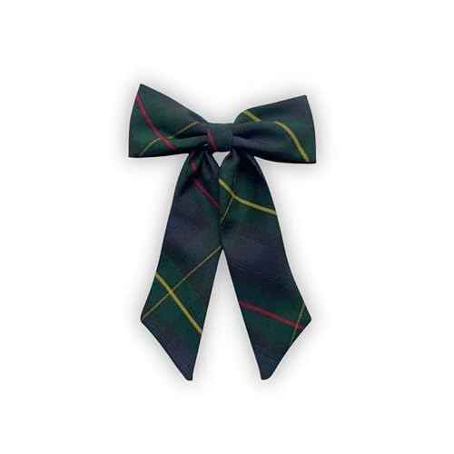 Extra Large Long Tail Jumbo Size School Uniform Plaid Girls Hair Bow with French Barrette (Green Navy Yellow red *Plaid #55*)