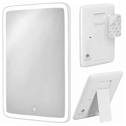 Mavoro 7x9 LED Lighted Rechargeable Travel Mirror | Small Wall Adhesive Mirror | Peel and Stick Wall Mount Lighted Travel Mirror | Real Glass Touch Sensor Vanity Mirror with Stand