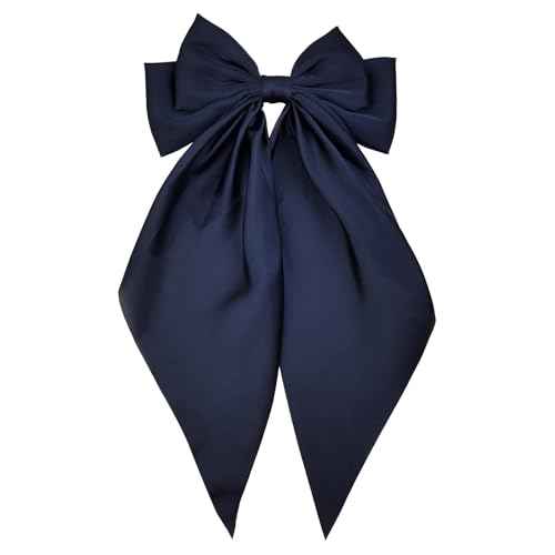 Large Navy Blue Satin Hair Bow Clip for Women Girls Oversized Long Tail Hair Accessory for Everyday Styling, 1-Pack