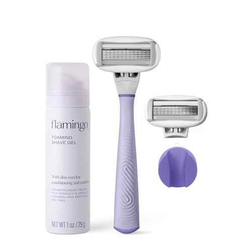 Flamingo Shaving Razor Set for Women - Original Razor Handle, 2 Blade Refills, Foaming Shaving Gel, and Shower Holder - Lilac