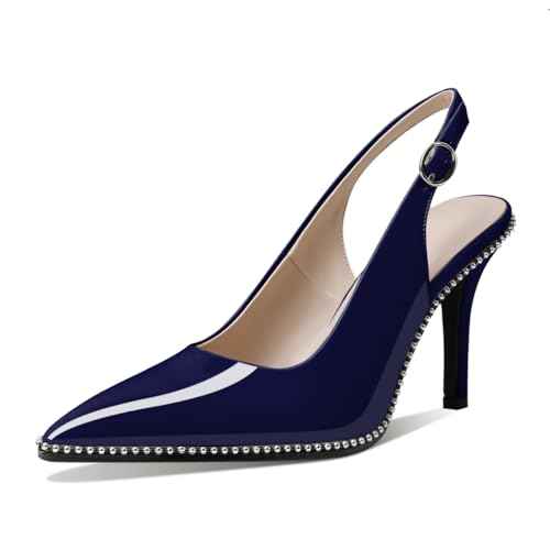 Zamikoo Women Beaded Pumps High Heel Slingback Pointed Toe Slip On 3.5 Inch Stilettos Ankle Strap Adjustable Buckle Patent Leather US Size 5 -Size 13