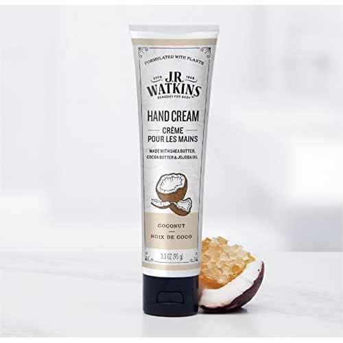J.R. Watkins Natural Moisturizing Hand Cream, Hydrating Hand Moisturizer with Shea Butter, Cocoa Butter, and Avocado Oil, Cruelty Free, 3.3oz, Coconut, 3 Pack