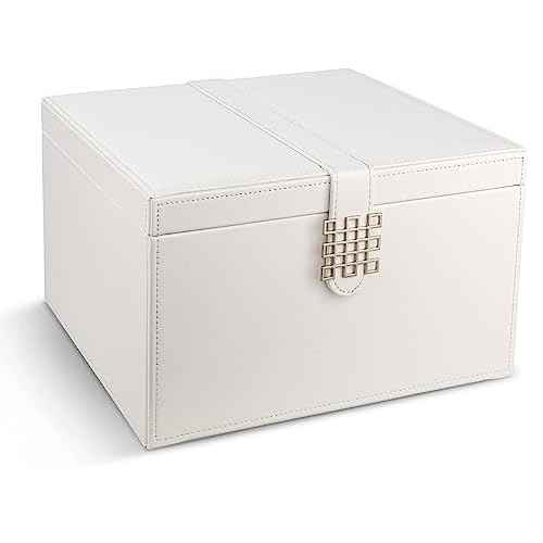 Glenor Co Makeup Organizer - Extra Large Exquisite Case w Modern Closure, 4 Drawer Trays & Full Mirror - Huge Cosmetic Storage Jewelry Box for Dresser, Counter-top & Vanity - PU Leather - White