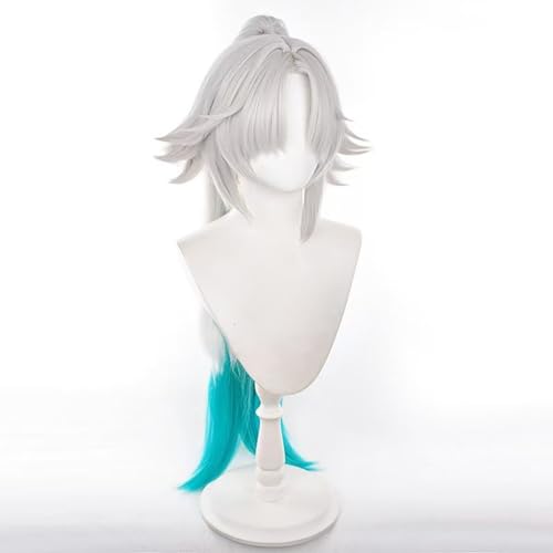 Gorgewg for Feixiao Cosplay Wig 90cm Long Silver White Blue Synthetic Hair with Wigcap for Adult Costume Party