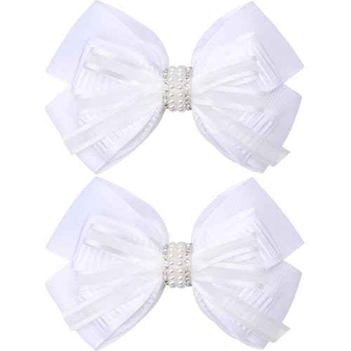 4.5-Inch Hair Bows Alligator Clips Delicate Pearl Hair Accessories for Girls, Toddler, Kids and Women Daily Dress Up Birthday Wedding Christmas Occasions- Set of 2