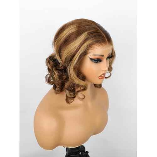 ISEE Wear Go Glueless Wigs Human Hair Pre Plucked Pre Cut Short Bob Body Wave Lace Front Wigs Human Hair for Women Upgraded Glueless Bob Wig 7x5 HD Lace Closure Wigs (Highlight Ombre, 14 Inch)