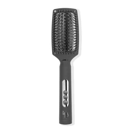L'ANGE HAIR Le Vite Curve Ceramic Straightening Brush | Heated Straightener Flat Iron for Smooth, Anti Frizz Hair | for All Hair Lengths | Hot Styling Brush for Effortless Straightening (Black)