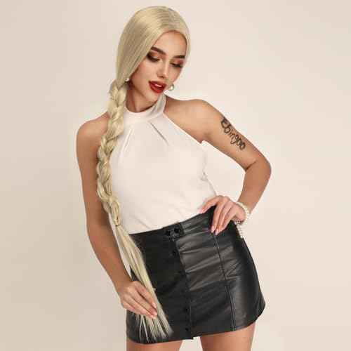 Ebingoo 40 inch Long Blonde Lace Front Wig + Wig Cap Platinum Blonde Lace Front Wig Long Blonde Straight Wig Synthetic Blonde Wig with Middle Part for Women Girls Daily Wear Party