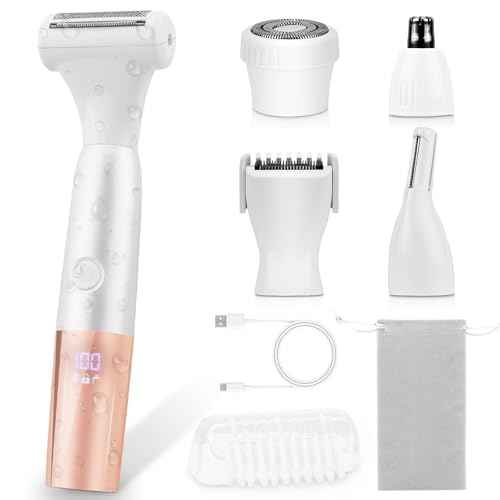 5-in-1 Bikini Trimmer Electric Razors for Women, Cordless Electric Shaver with LCD Display for Facial Body Legs Hair, Rechargeable Waterproof Pubic Body Hair Trimmer Birthday Christmas Gifts for Women