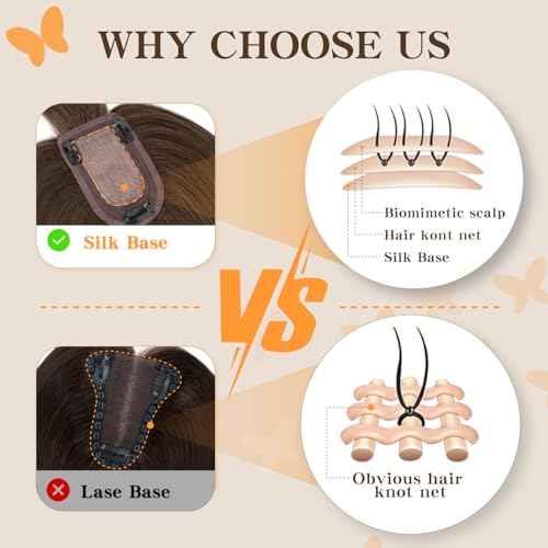 Human Hair Toppers for Women, 150% Density Hair Topper with Bang, No Tangle & Smooth, Upgrade 7x13cm Silk Base, 14 Inch #02 Dark Brown