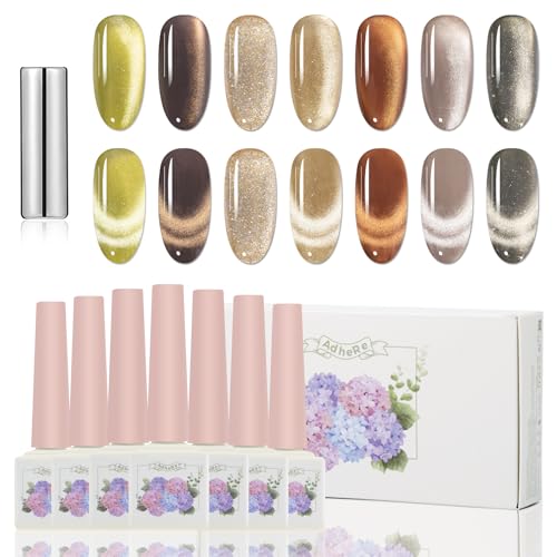 ADHERE Cat Eye Gel Nail Polish Set 12ML, 7 Colors Holographic Cat Eye Glitter Gel Polish Set Orange Brown Fall Nail Gel Polish Kit with Magnet Soak Off LED Nail Art Gel DIY Salon Gifts For Women