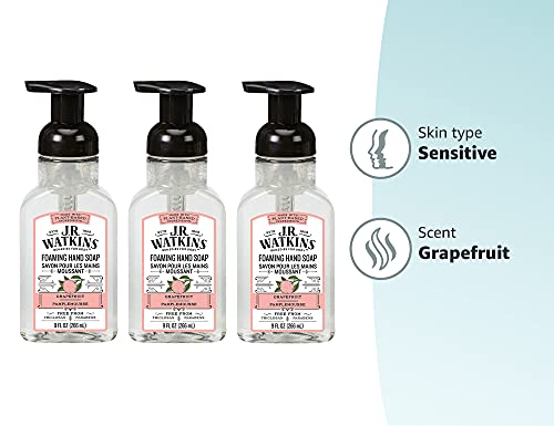 J.R. Watkins Foaming Hand Soap with Pump Dispenser, Moisturizing Foam Hand Wash, All Natural, Alcohol-Free, Cruelty-Free, USA Made, Grapefruit, 9 fl oz, 3 Pack