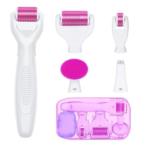 YaFex Derma Roller for Face and Body - 6 in 1 Titanium Microneedling Roller Kit Micro Needle Roller, 300 and 720 Needles 0.25mm,1200 Needles 0.3mm with 5 Replaceable Heads