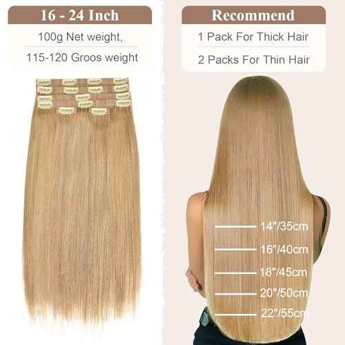 Seamless Clip in Hair Extensions 6pcs 120g, PU Real Human Hair Extensions Clip Ins Straight Dirty Blonde Hair for Women 24Inch, PU Clip-18# Dirty Blonde Straight, 6.0 Ounce