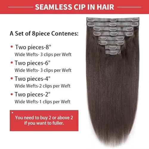 Seamless Clip in Hair Extensions Human Hair 120g 8pcs Straight Dark Brown Clip in Hair Extensions for Women 100% Remy Human Hair Extensions(24inch,#2 Dark Brown)