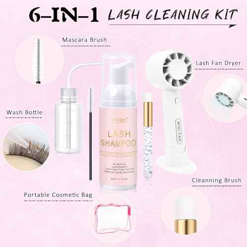 EMEDA Lash Shampoo Kit 2.02 fl oz Lash Cleaning Kit with Rechargeable Fan Dryer/Brush/Rinse Bottle, Oil-free Cleanser Wash for Extensions & Clusters & Natural Lashes, Cleaner for Eyelash Care(White)