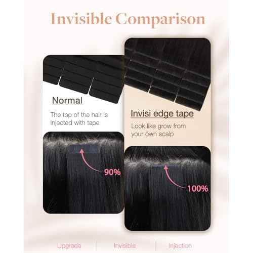 GOO GOO Invisi Edge Tape in Hair Extensions Human Hair, 1B Natural black 10pcs injected with 10pcs classical tape ins, 18inch 50g, Virgin Remy Hair, Natural Look