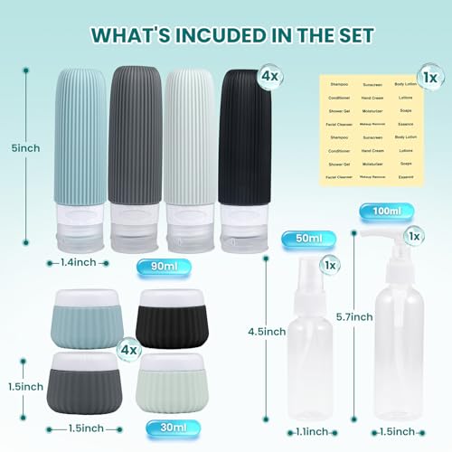 Travel Bottles for Toiletries TSA Approved 3oz Leak Proof Travel Size Toiletries, Travel Essentials with Toiletry Bag for Cosmetic Shampoo Conditioner Lotion