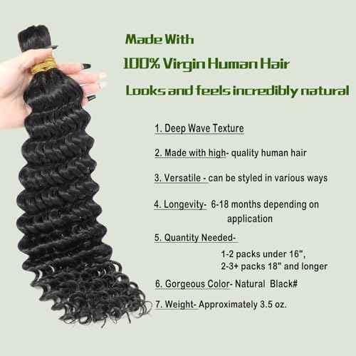 Deep Wave Bulk Human Hair for Braiding Boho Braids Human Hair for Bohemian Knotless Braids Braiding Hair Micro Braiding Hair No Weft Human Hair Extensions 2Bundles(Natural Black#,18inch)