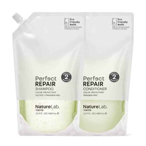 NatureLab.TOKYO Perfect Repair Shampoo & Conditioner Duo - Japanese Shampoo & Conditioner for Damaged, Color-Treated Hair - Penetrates Roots, Revitalizes & Restores Strands - Refill Pouch, 22.9oz each