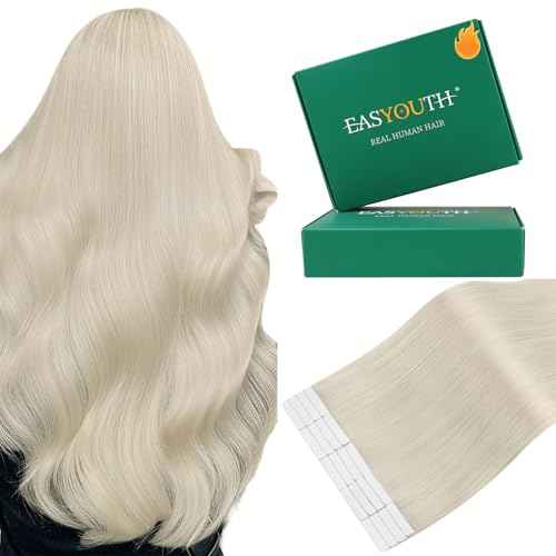 Easyouth 24 Inch Blonde Tape in Hair Extensions Remy Human Hair Tape in Extensions White Blonde Tapes Hair Extension Real Human Hair for Long Straight Hair 20Pcs 50G