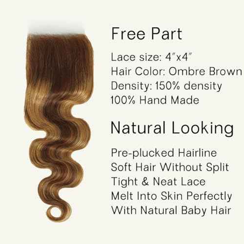Ombre Brown Highlight Body Wave 3 Bundles with 4x4 Closure Human Hair HD Lace Free Part Soft and Glossy 12A Blonde P4/27 Color 100% Human Hair Bundles with Closure 16 18 20+14 Inch