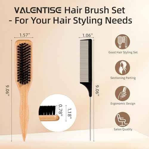 Boar Bristle Slick Back Hair Brush, Teasing Hair Brush with Black Carbon Fiber and Stainless Steel Tail Comb, Slick Hair Brush Set for Parting and Sectioning, Suitable for All Styling