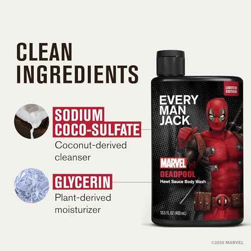 Every Man Jack Deadpool Men's Body Wash - Plant-based Cleansers & Moisturizers - Free of Parabens, Pthalate, and Dyes - 13.5 fl oz (2 Pack)