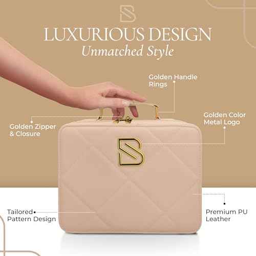 BAREZ Premium PU Leather Makeup Bag With LED Mirror - 3 Brightness Mirror Light Settings - Adjustable Dividers - Removable Mirror Waterproof Cosmetic Travel Bag (Nude)