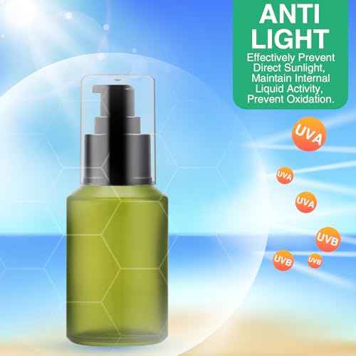 3PCS 60ML/2OZ Empty Green Frosted Glass Bottles with Pump Refillable Vial Cosmetic Dispenser Jars Storage Travel Lotion Container Portable Sample Bottle for Toiletries,Foundation,Cream,Gel,Lotion
