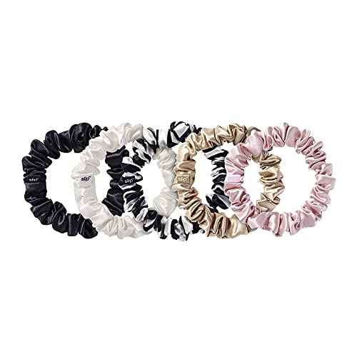 slip Midi Scrunchie Original Mix | Set of 5 Pure Silk Scrunchies in Pink, Caramel, Navy Stripe, White, & Black | 100% Mulberry Silk, Anti-Crease, Gentle on Hair, Reduces Breakage | Stylish & Durable
