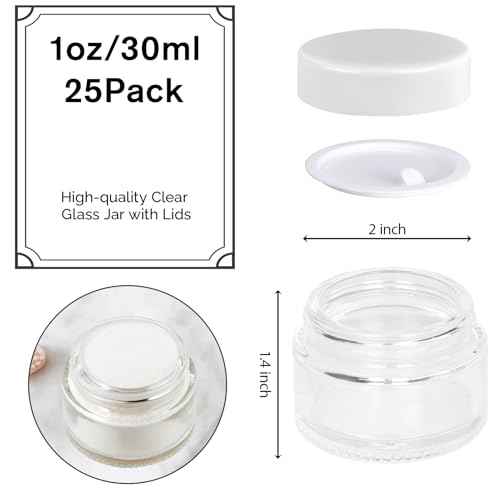 1oz Glass Jar with Lid, Hoa Kinh 25Pack Clear Round Containers Cosmetic Glass Jars with Inner Liners and White Lids Travel Jars for Storing Lip and Body Scrub, Lotion, Body Butter, Bath Salts, Liquid