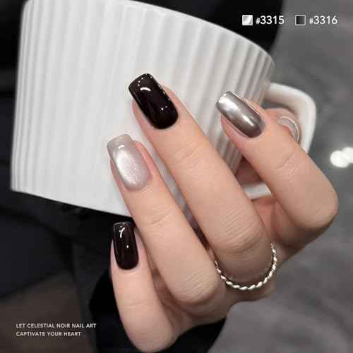 GAOY Black and White Gel Polish Set, Sliver Cat Eye, Opal White, Jelly Black Glitter Reflective Gel, Magnetic Holographic DIY Nail Art