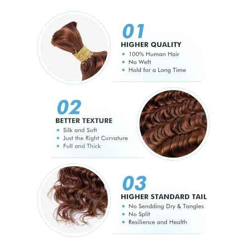 Human Braiding Hair for Boho Braids 150g 24 Inch Auburn Brown Curly Boho Hair for Braiding Knotless 12A Deep Wave Bulk Bohemian 3 Bundles/Pack Color 30