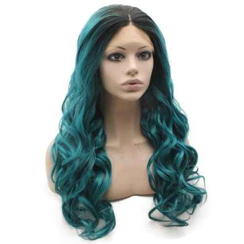 MX angel Long Wavy Ombre Blue Wig Half Hand Tied Synthetic Lace Front Wig Fiber Hair Costume Party Wig