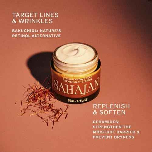 Sahajan Eternal Glow Cream with Vitamin C, Bakuchiol, Ceramides + Saffron | Clinically-Proven Clean Ayurvedic Lightweight Moisturizer | Moisture Barrier, Fine Lines & Wrinkles | 1.7 oz