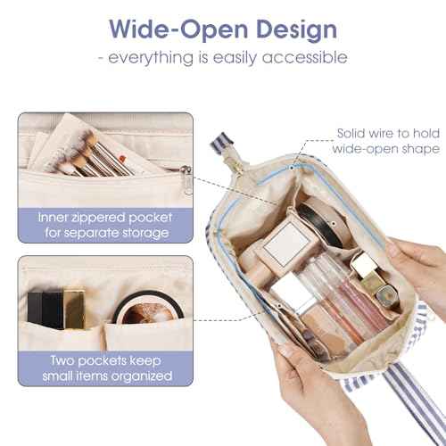 Narwey Striped Wide Open Makeup Bag Women, Travel Toiletry Bag for Women Cosmetic Bag Organizer Make up Bags with Compartments, Gift for Teen Girls (Greyish Blue Stripe)