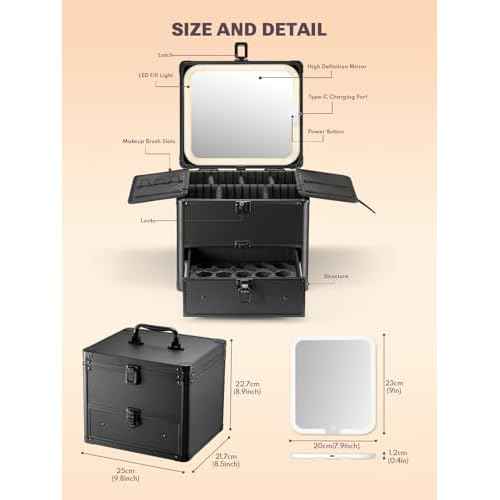 Qislee Makeup Box with Drawer and A Detachable Lighted Mirror, Waterproof Travel Train Case, Cosmetic Organizer and Makeup Suitcase with Adjustable Dividers, Magnetic LED Mirror (Black)