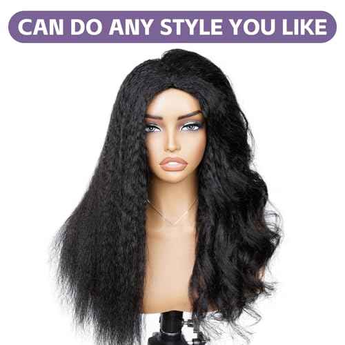 OQ Hair Kinky Straight Half Wig Human Hair Adjustable Drawstring 180% Density 3 In 1 Beginner Friendly Glueless Wear and Go Half Human Hair Wig for Women 16 Inch